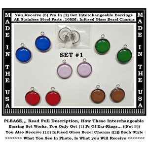 NEW Solid Color Charm Interchangeable Earrings 5 Pairs in Set Infused Glass